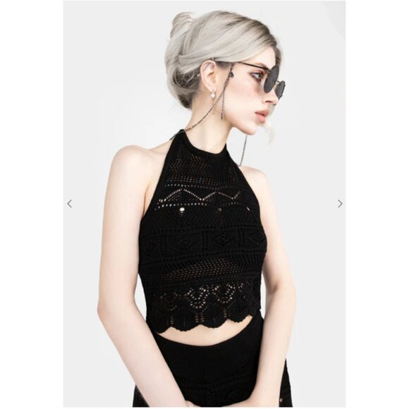 DISTURBIA Hooked pointelle knit black cropped halter top size S - Picture 2 of 9